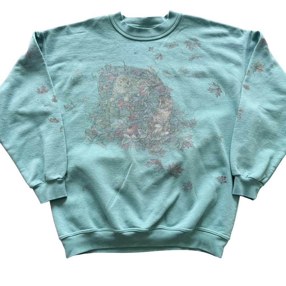 Northern Reflections Teal Cat and Leaves Graphic Crewneck Sweatshirt